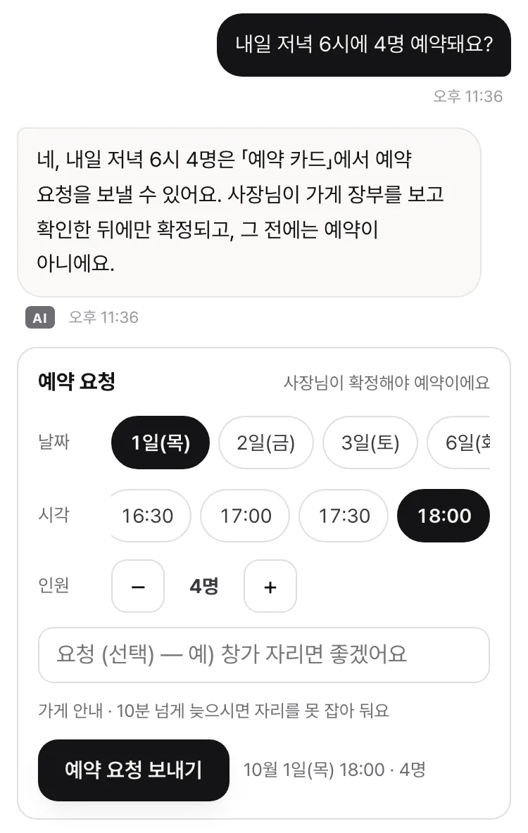 손님이 「내일 저녁 6시에 4명 예약돼요?」라고 묻고, 가게 AI 의 답 아래 예약 카드에 10월 1일(목)·18:00·4명이 골라져 있다