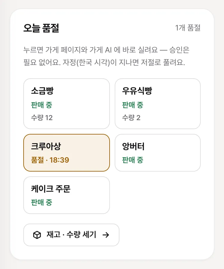 「오늘 품절」 칸 — 메뉴마다 단추, 품절로 누른 메뉴와 센 수